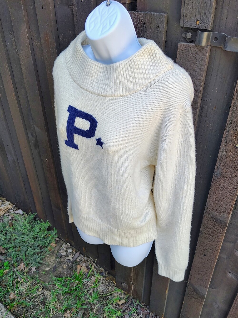 Ralph Lauren Wool Cream Sweater with Navy 'P' Emblem